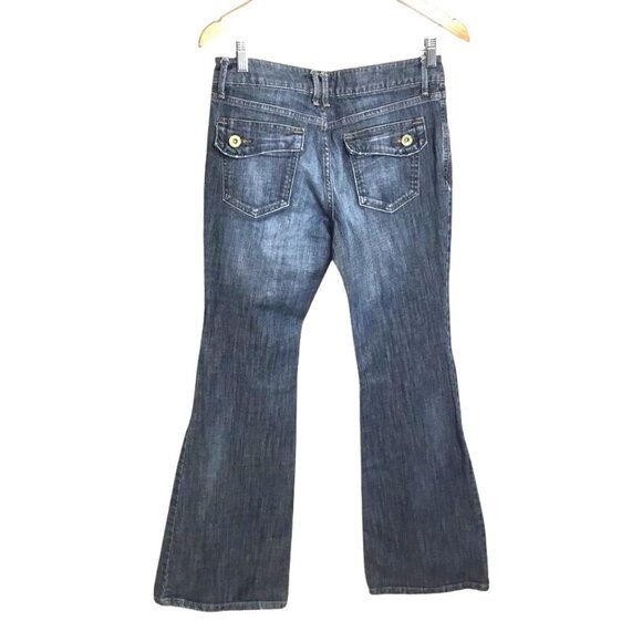 MOSSIMO Women Super Flare Bootcut Jeans Sz 8 Blue Distressed Low Rise 32" Inseam - Picture 2 of 7